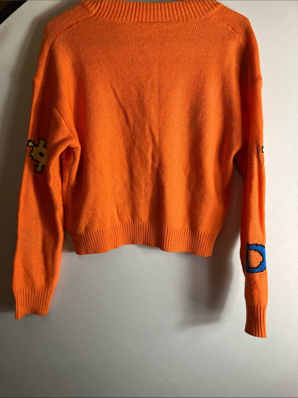 SHEIN Bright Orange V-Neck Button Front Cardigan with Multicolor Patches - Picture 8 of 8
